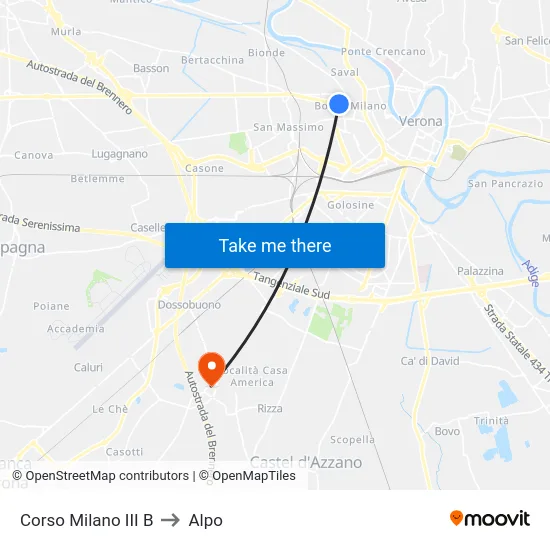 Corso Milano III B to Alpo map