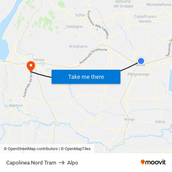 Capolinea Nord Tram to Alpo map