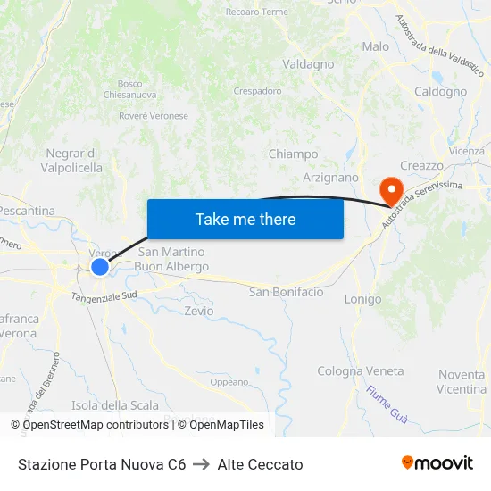 Porta Nuova Station C6 to Alte Ceccato map
