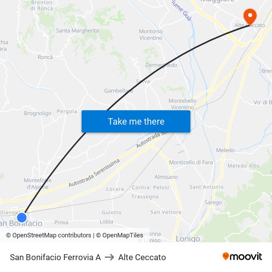 San Bonifacio Ferrovia A to Alte Ceccato map