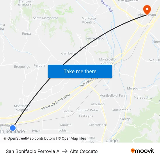 San Bonifacio Ferrovia A to Alte Ceccato map