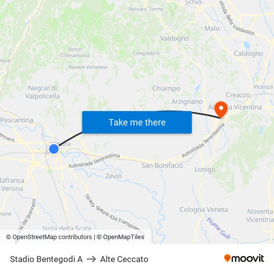 Stadio Bentegodi A to Alte Ceccato map