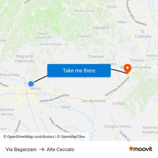 Via Baganzani to Alte Ceccato map