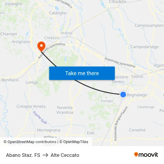 Abano Train Station to Alte Ceccato map