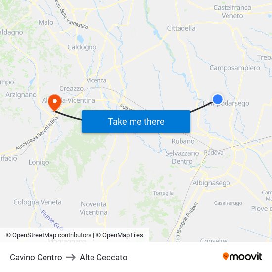 Cavino Centro to Alte Ceccato map
