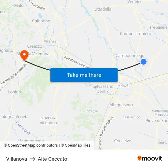 Villanova to Alte Ceccato map
