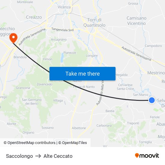Saccolongo to Alte Ceccato map