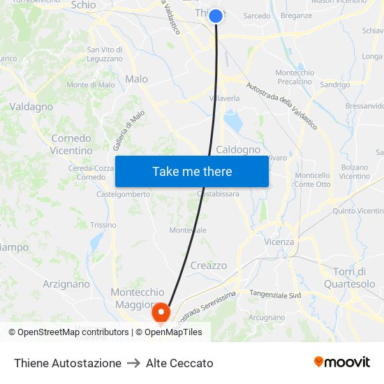 Thiene Autostazione to Alte Ceccato map