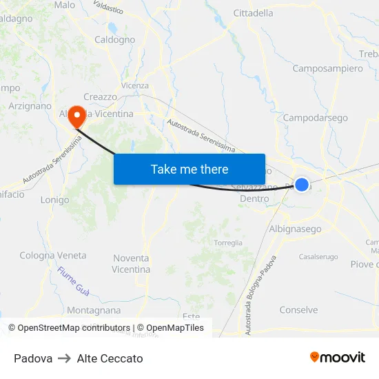 Padova to Alte Ceccato map