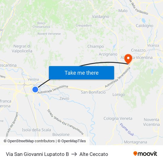 Via San Giovanni Lupatoto B to Alte Ceccato map