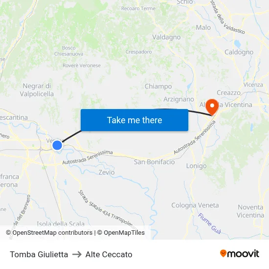 Juliet's Tomb to Alte Ceccato map