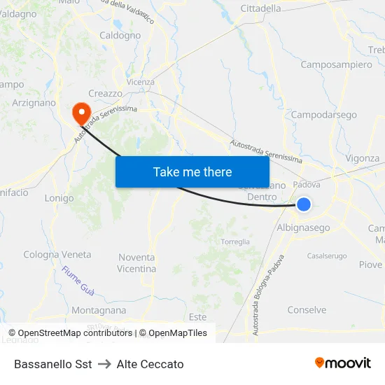 Bassanello Station to Alte Ceccato map