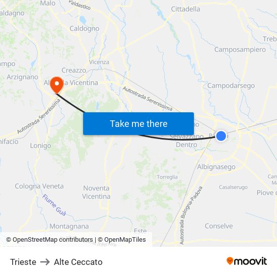 Trieste to Alte Ceccato map