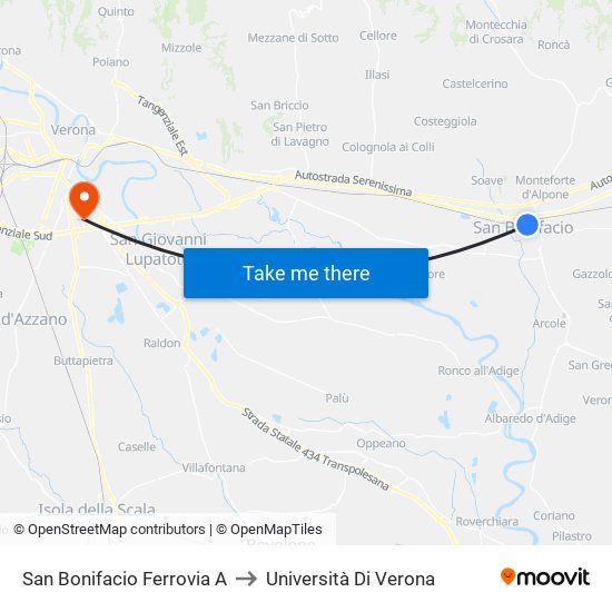 San Bonifacio Ferrovia A to Università Di Verona map