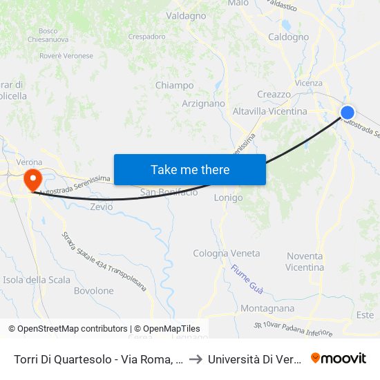 Torri Di Quartesolo - Via Roma, 292 to Università Di Verona map