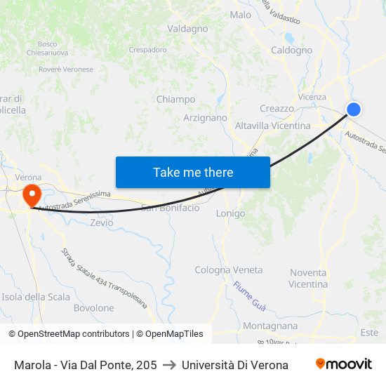Marola - Via Dal Ponte, 205 to Università Di Verona map