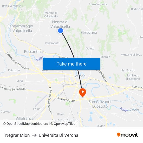 Negrar Mion to Università Di Verona map