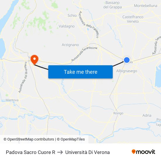 Padova Sacro Cuore R to Università Di Verona map