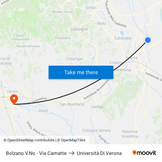 Bolzano V.No - Via Camatte to Università Di Verona map