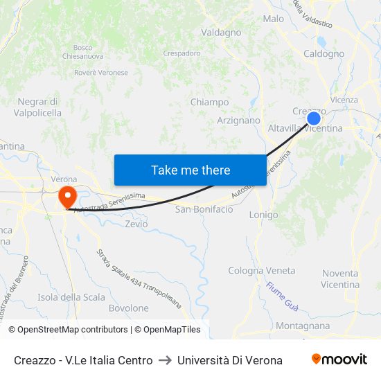 Creazzo - V.Le Italia Centro to Università Di Verona map
