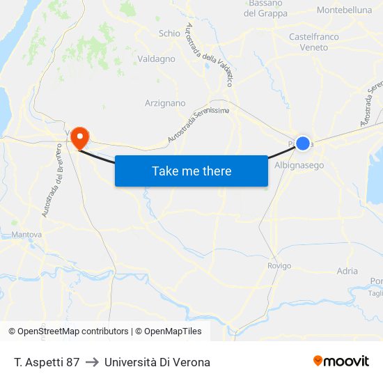 T. Aspetti 87 to Università Di Verona map