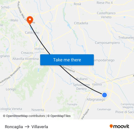 Roncaglia to Villaverla map