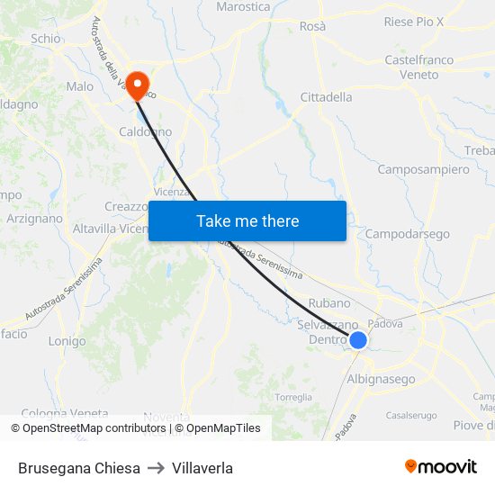 Brusegana Chiesa to Villaverla map