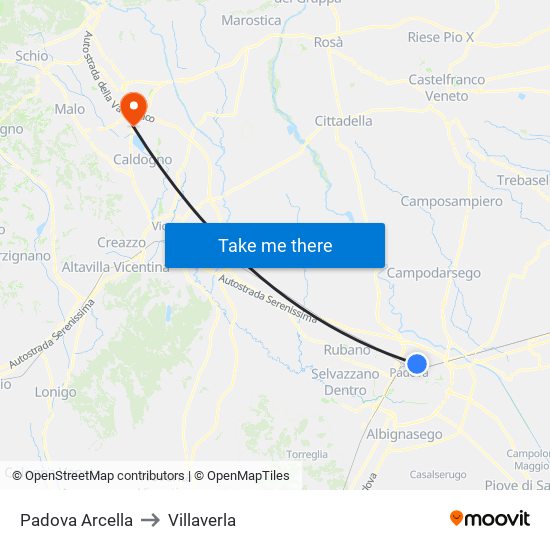 Padova Arcella to Villaverla map