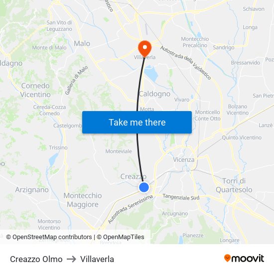 Creazzo Olmo to Villaverla map