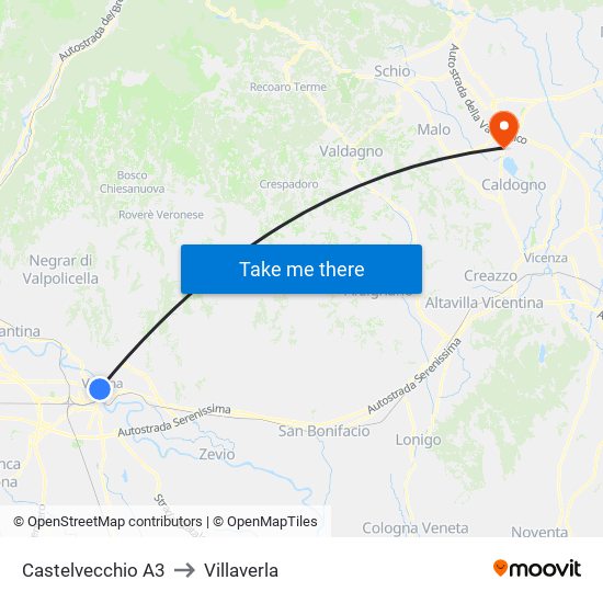 Castelvecchio A3 to Villaverla map