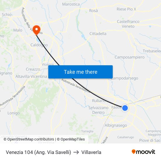 Venezia 104 (Ang. Via Savelli) to Villaverla map