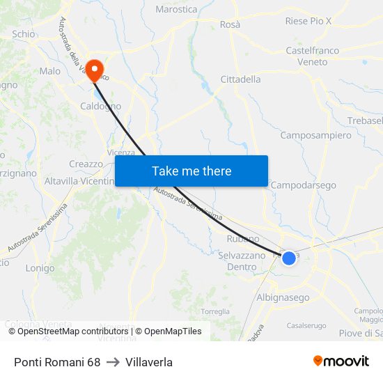 Ponti Romani 68 to Villaverla map