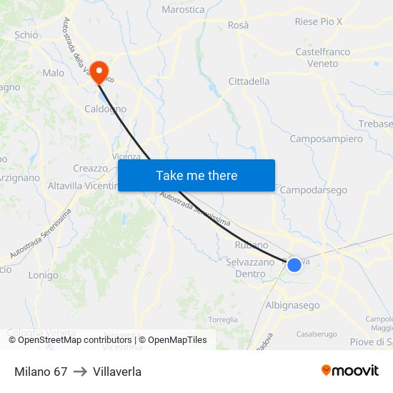 Milano 67 to Villaverla map