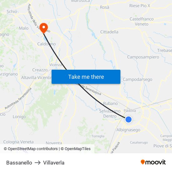 Bassanello to Villaverla map
