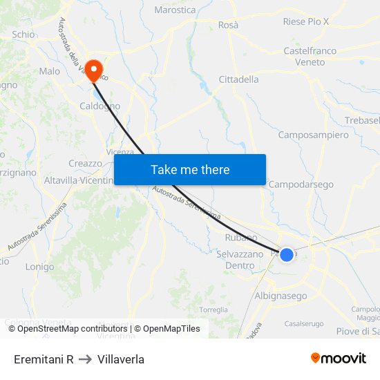 Eremitani R to Villaverla map