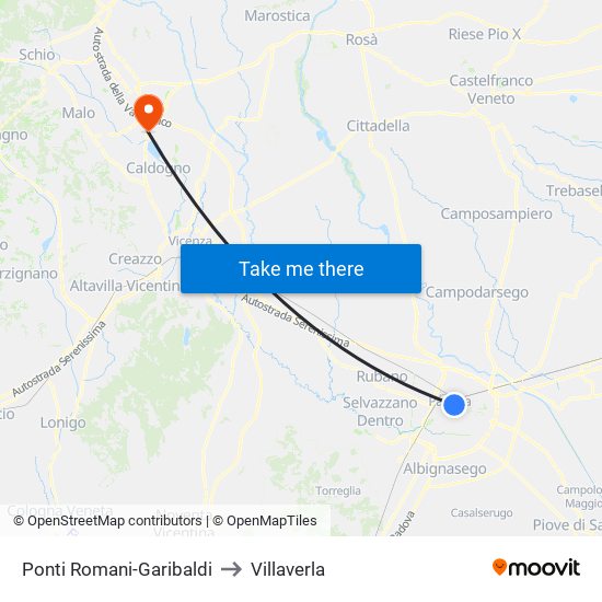 Ponti Romani-Garibaldi to Villaverla map