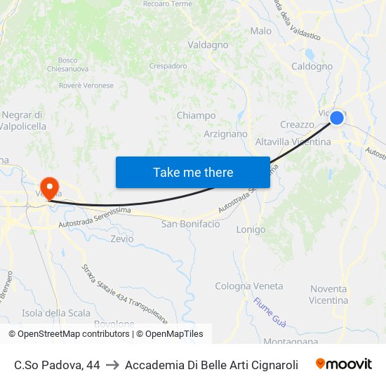 C.So Padova, 44 to Accademia Di Belle Arti Cignaroli map