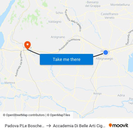 Padova P.Le Boschetti R to Accademia Di Belle Arti Cignaroli map
