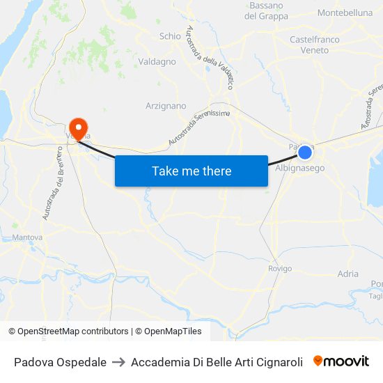 Padova Ospedale to Accademia Di Belle Arti Cignaroli map