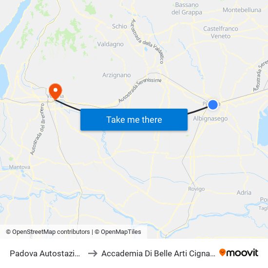 Padova Autostazione to Accademia Di Belle Arti Cignaroli map