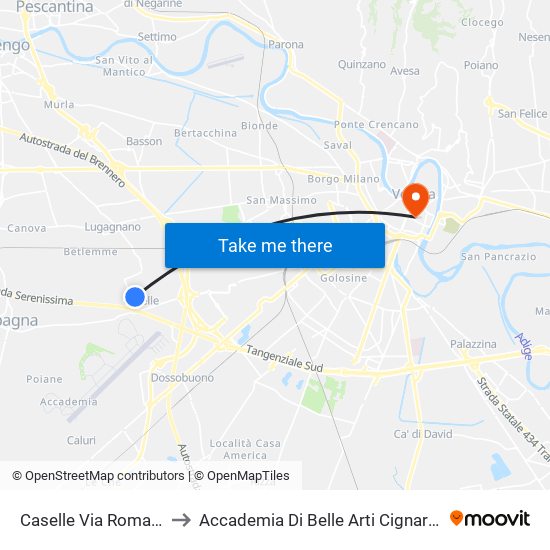 Caselle Via Roma B to Accademia Di Belle Arti Cignaroli map