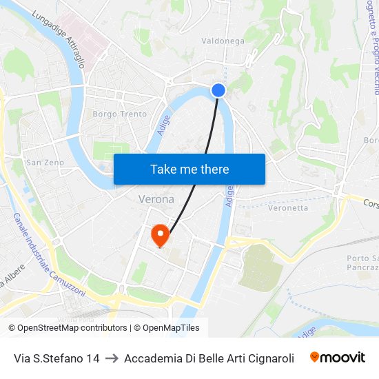 Via S.Stefano 14 to Accademia Di Belle Arti Cignaroli map