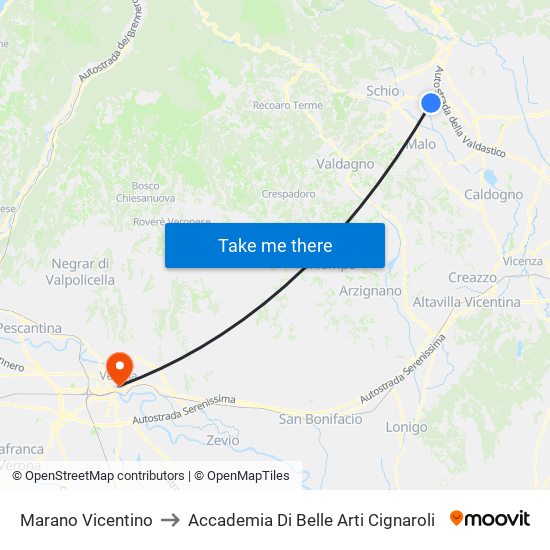 Marano Vicentino to Accademia Di Belle Arti Cignaroli map