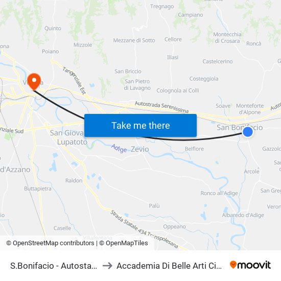 S.Bonifacio - Autostazione to Accademia Di Belle Arti Cignaroli map