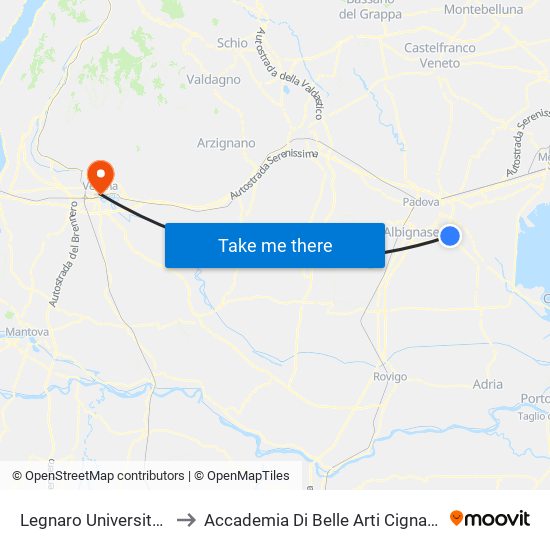 Legnaro Università R to Accademia Di Belle Arti Cignaroli map