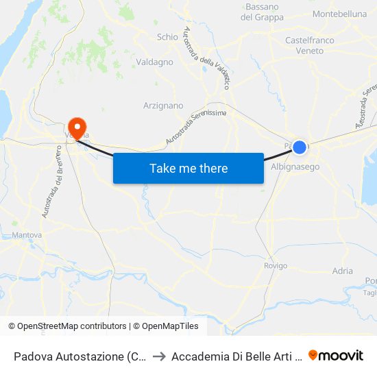 Padova Autostazione (Corsia 14) to Accademia Di Belle Arti Cignaroli map