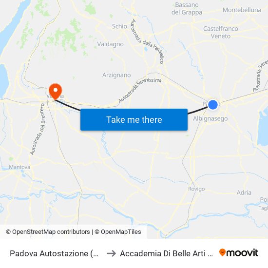 Padova Autostazione (Corsia 7) to Accademia Di Belle Arti Cignaroli map