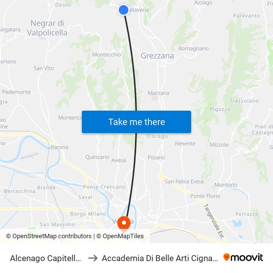 Alcenago Capitello B to Accademia Di Belle Arti Cignaroli map