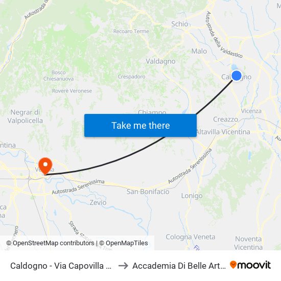 Caldogno - Via Capovilla (Capolinea) to Accademia Di Belle Arti Cignaroli map
