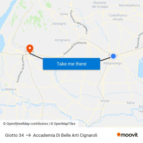 Giotto 34 to Accademia Di Belle Arti Cignaroli map